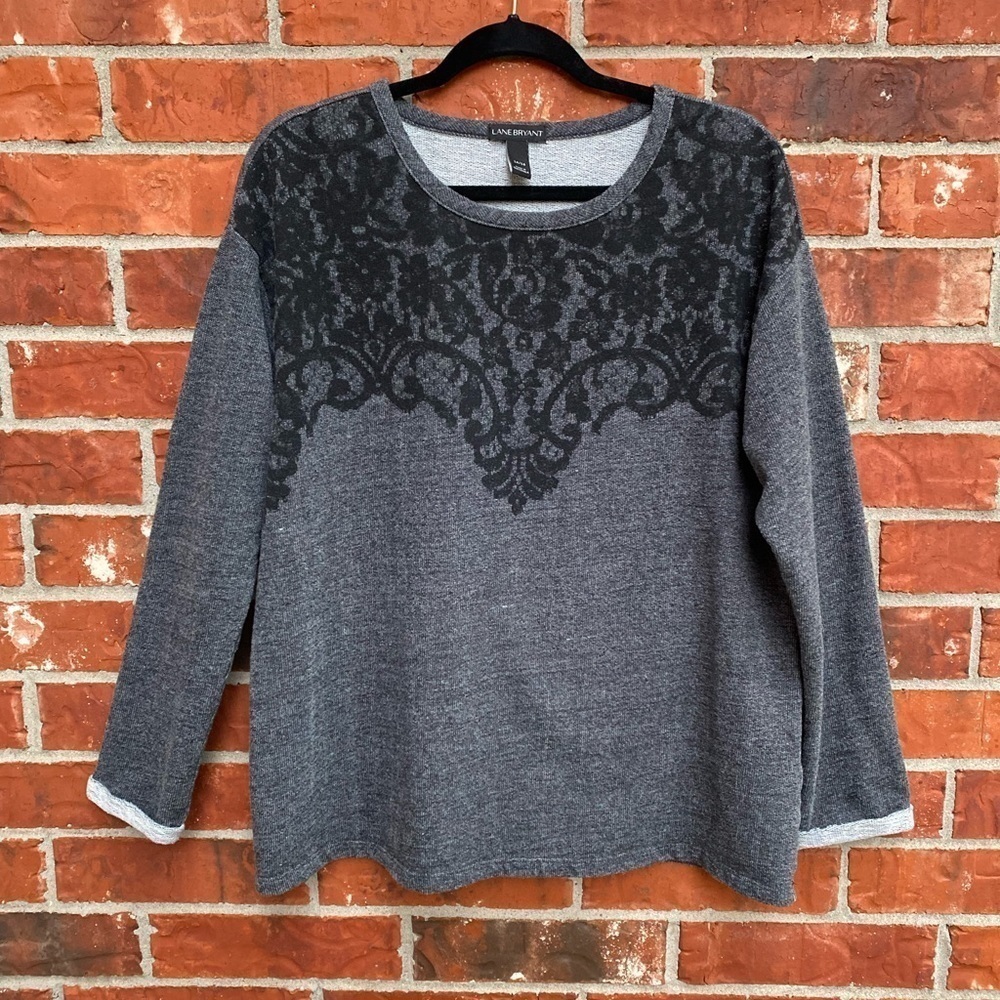 Lane Bryant Womens 14/16 Gray Faux Lace Print Pullover Sweater